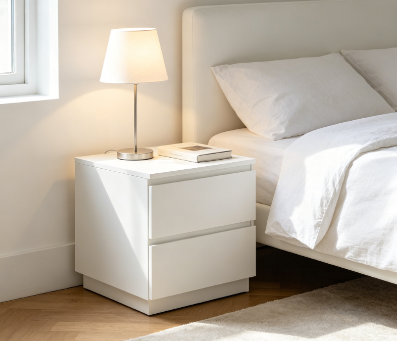 Modern Minimalist Pure White Double Drawer Bedside Table